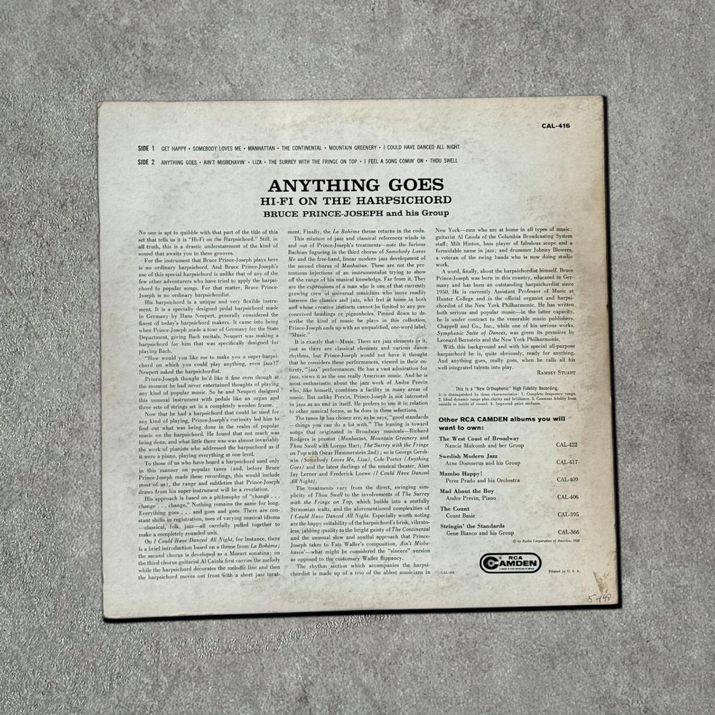 Bruce Prince-Joseph and His Group “Anything Goes” Vintage Record Vinyl Other