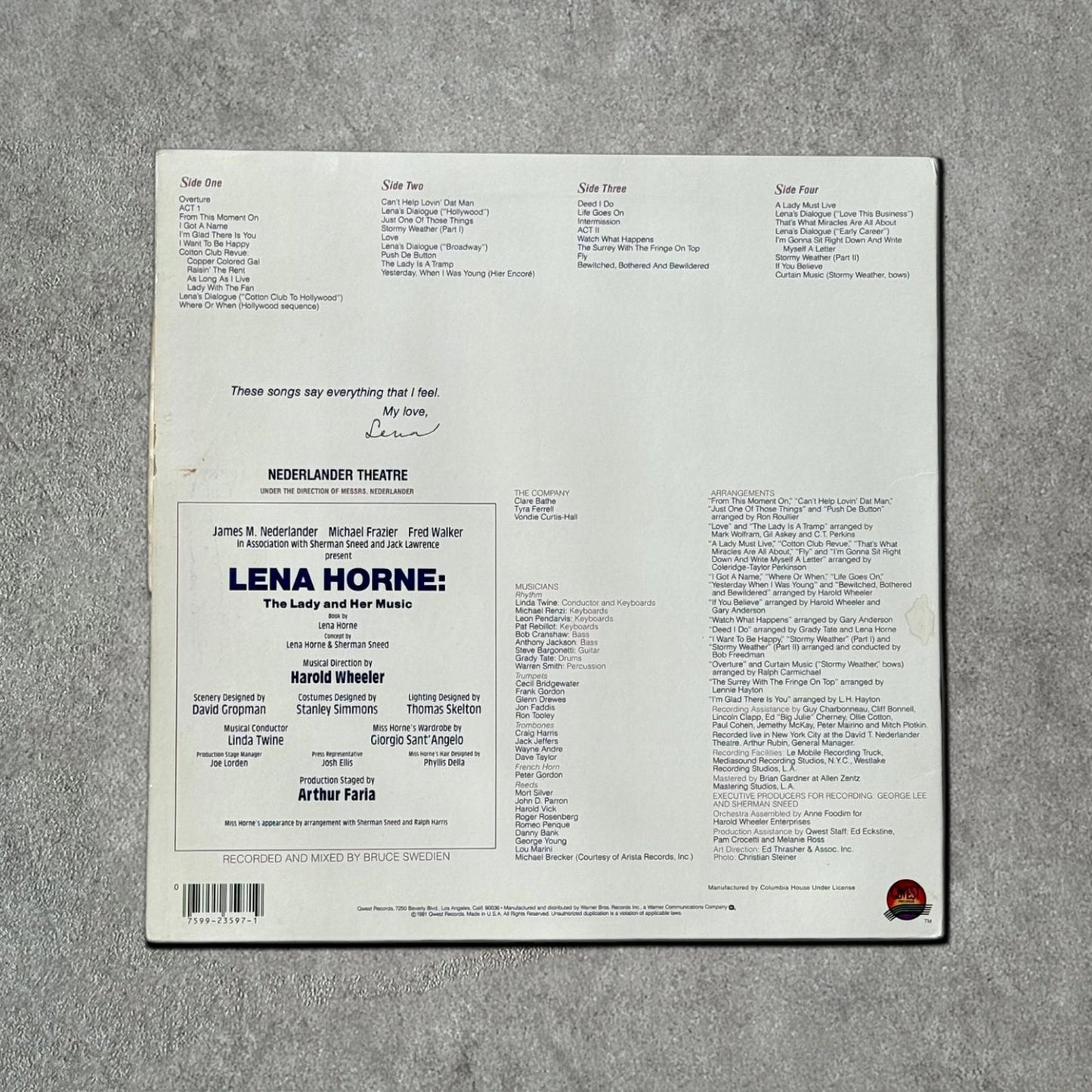 Lena Horne “The Lady and Her Music” Vintage Record Vinyl Other