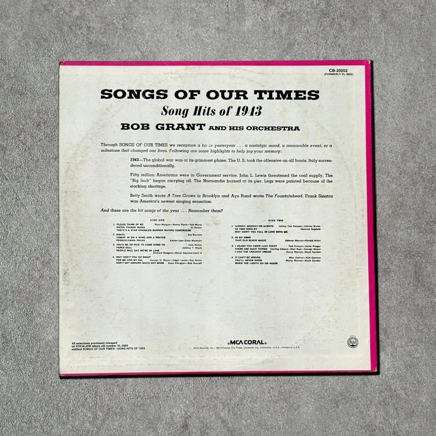 Bob Grant and His Orchestra “Song Hits of 1943” Vintage Record Vinyl Other