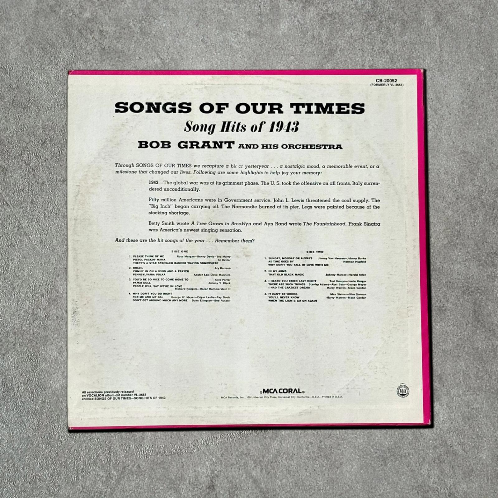 Bob Grant and His Orchestra “Song Hits of 1943” Vintage Record Vinyl Other