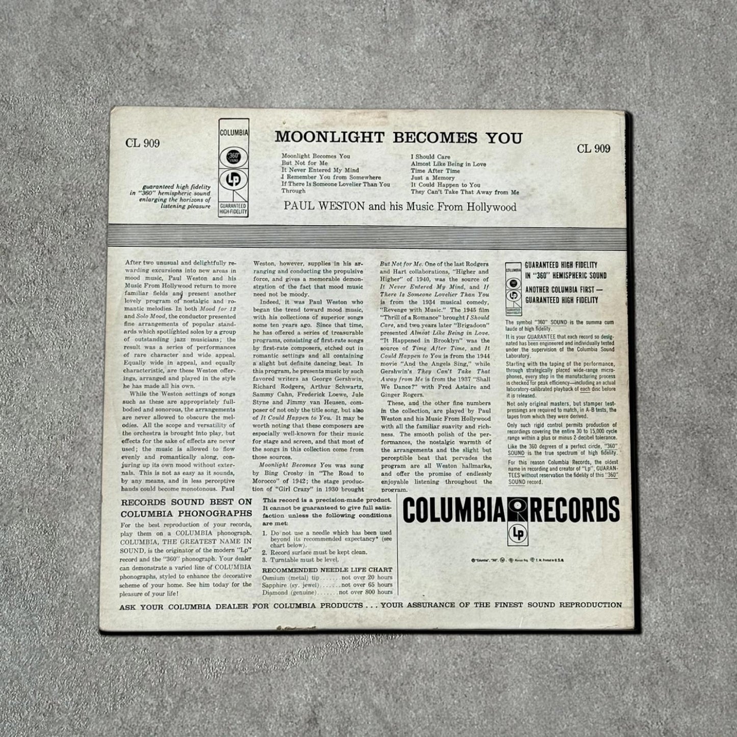 Paul Weston “Moonlight Becomes You” Vintage Record Vinyl Other